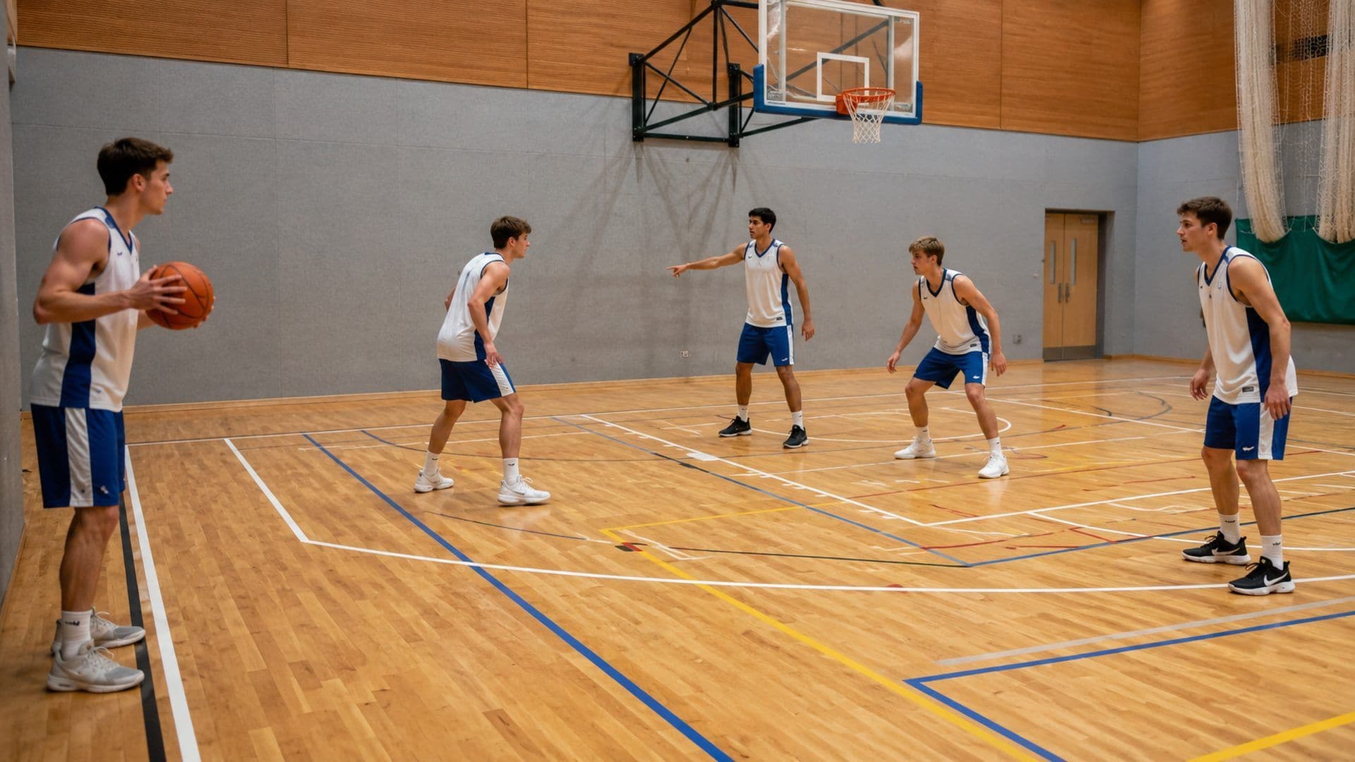 Speler klaar om in te gooien terwijl vier medespelers zich opstellen in het veld